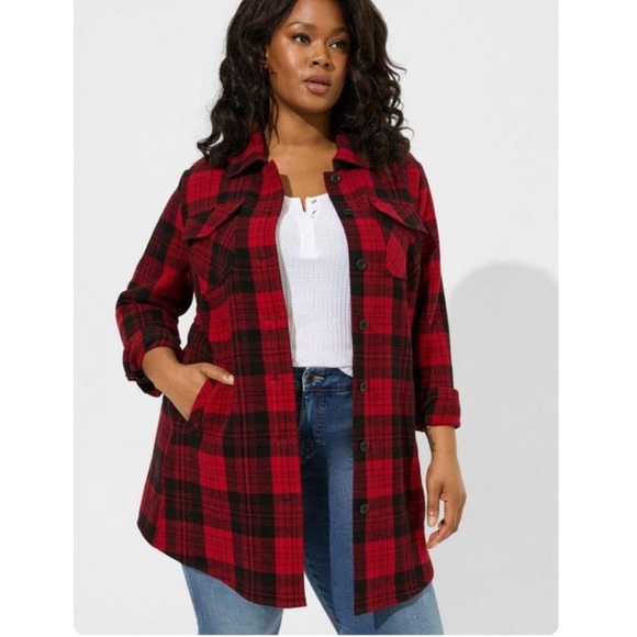TORRID NWT Red Plaid Cotton Brushed Midi Shacket - Picture 1 of 6